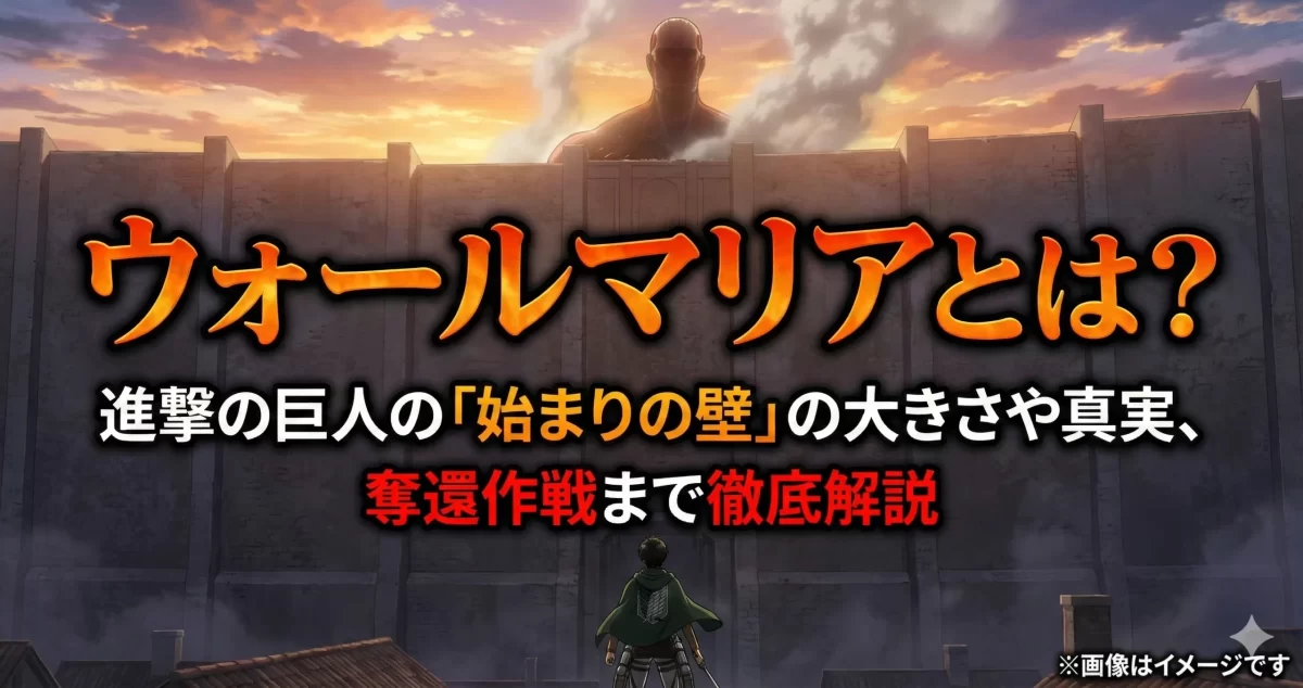 進撃の巨人「ウォールマリア」の謎に迫る。壁を見上げる兵士と壁越しに現れた巨人の対比を描き、始まりの壁の圧倒的なスケール感と奪還作戦の過酷さを表現したアイキャッチ。