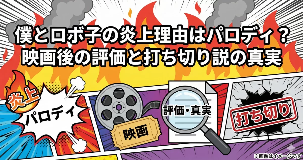 僕とロボ子の炎上や打ち切り説の真実を検証する図解。炎の背景に、パロディ、映画、評価などのアイコンを配し、作品を取り巻く噂と真相を象徴的に表現している。
