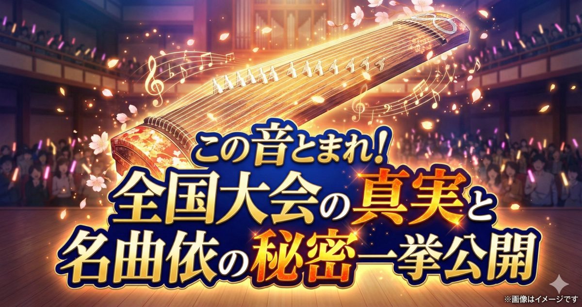 「この音とまれ！」の全国大会順位と名曲「依」の秘密を象徴する画像。華やかな琴のビジュアルと共に、ファンが気になる大会結果の真実を解説する内容を伝えている。