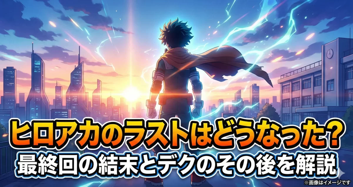 ヒロアカ最終回の結末考察用。デクのその後と、夜明けの街を背負い立つヒーローの姿を描き、長きにわたる物語の完結と次なる時代への希望を表現したアイキャッチ。
