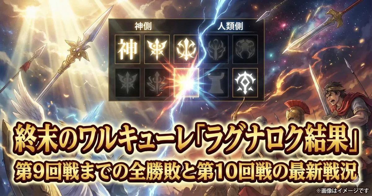終末のワルキューレのラグナロク勝敗結果。第9回戦までの星取表と各陣営のエンブレム、そして第10回戦の激闘を予感させる両軍の衝突をデザインした解説用画像。